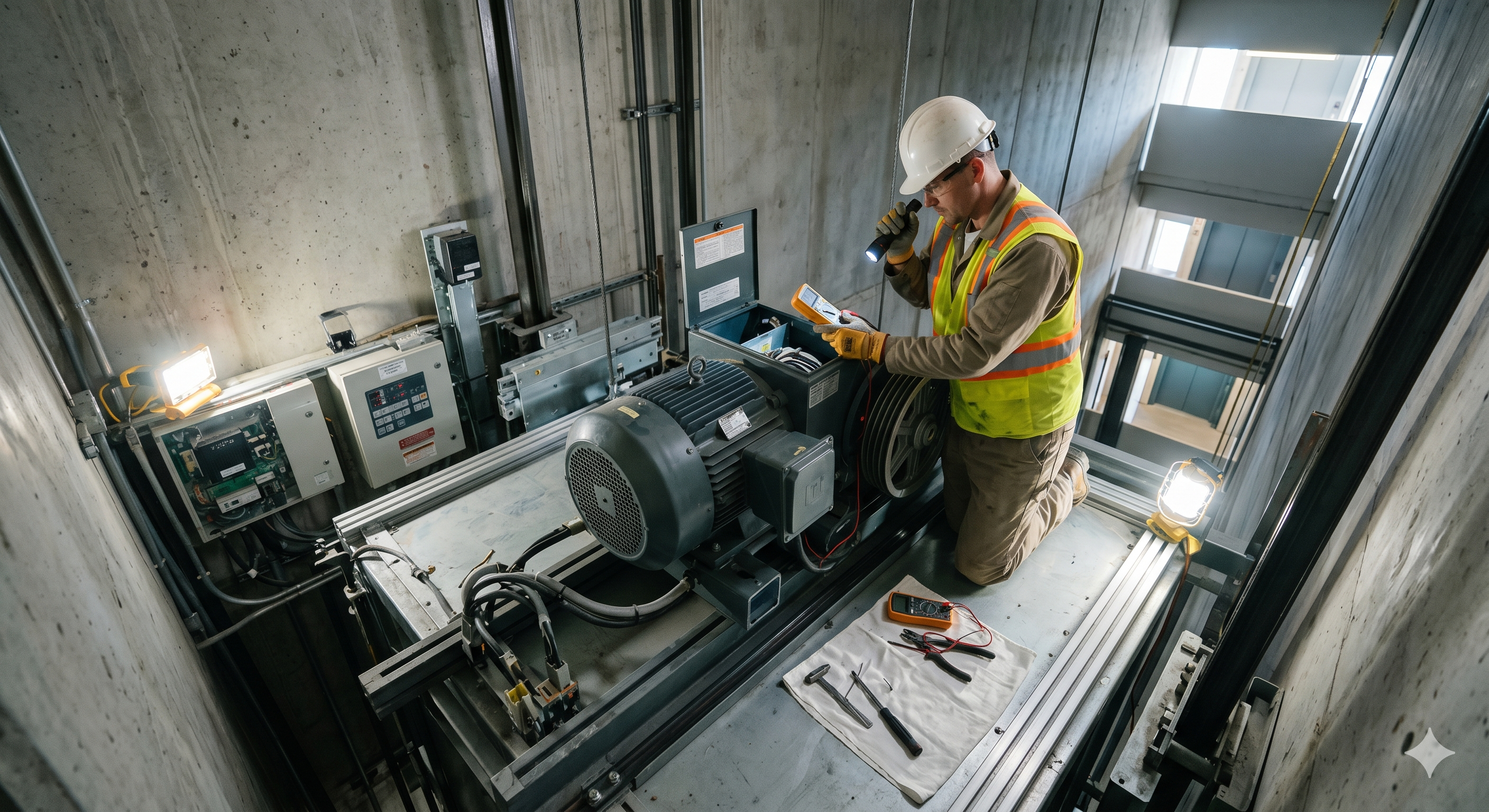 Lift maintenance technician servicing elevator motor room